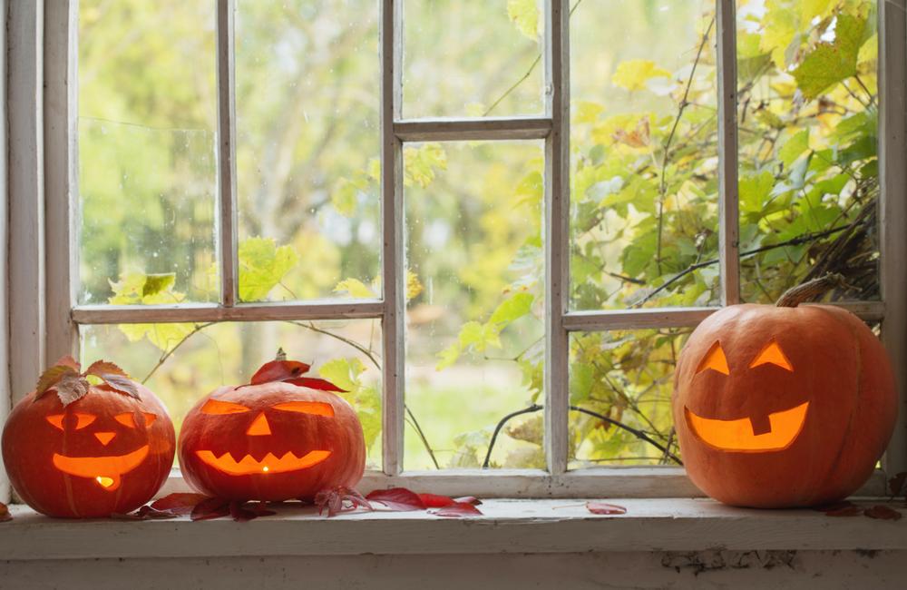 autumn leaves through window of home with carved pumpkins